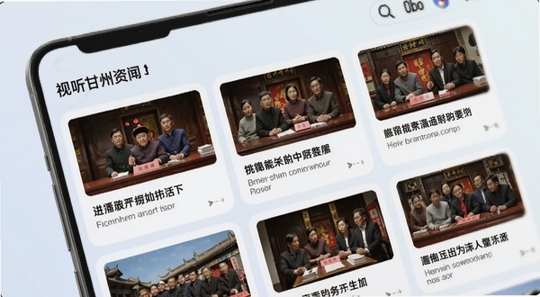 视听甘州资讯页面,手机屏幕显示多条新闻卡片,每条卡片带有缩略图和标题,背景为浅色渐变,画面简洁明快