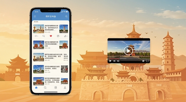 视听甘州应用主界面展示,画面中央是手机屏幕,屏幕内呈现新闻资讯列表与视频播放卡片,背景为张掖甘州城市地标剪影,色调温暖明亮,扁平化UI风格,细节清晰