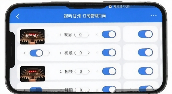 视听甘州订阅管理页面,手机屏幕显示多个频道开关按钮,界面清爽,配色以蓝白为主
