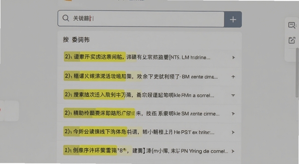 读写笔记 搜索界面 顶部搜索框输入关键词 下方列表展示多条结果 关键词高亮显示黄色背景 界面清爽