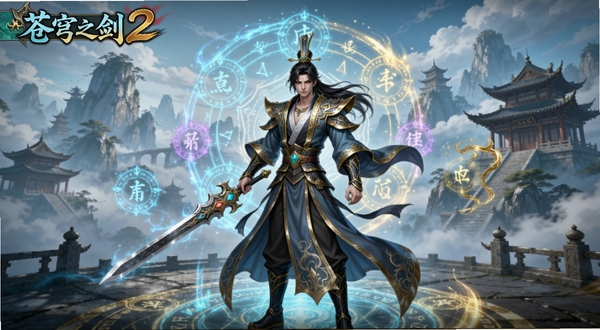 苍穹之剑2游戏主界面全景展示,画面中央为身着华丽仙侠服饰的主角持剑而立,背景区域包含云雾缭绕的仙山楼阁与流光溢彩的法阵特效,整体色调以青蓝与金色为主,突出国风玄幻氛围