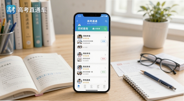 高考直通车软件主界面展示,画面中央为手机屏幕呈现院校查询列表,背景为书桌与学习资料,整体色调明亮清新,突出高考直通车品牌标识,适配Boogu模型生成