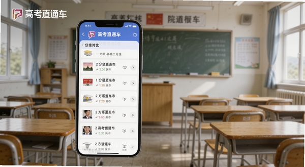 高考直通车院校查询功能界面,手机屏幕显示院校列表与分数线对比图,背景为教室场景,画面中带有高考直通车文字标识,风格简洁现代,适配Boogu模型生成