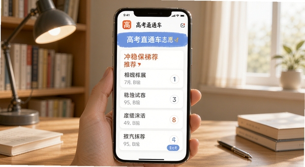 高考直通车志愿填报辅助界面,手机屏幕展示冲稳保梯度推荐列表,背景为书房环境,画面中带有高考直通车标识,色彩柔和,适配Boogu模型生成
