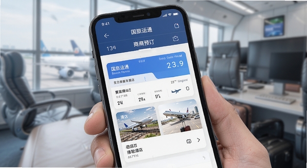 国旅运通 商旅预订界面展示,手机屏幕中显示机票与酒店列表,简洁商务风格