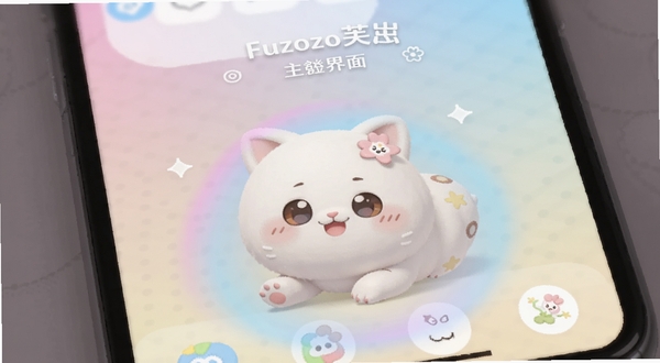 Fuzozo芙崽官方主界面展示,一只圆润可爱的虚拟小宠物趴在手机屏幕底部,周围环绕柔和的粉蓝色光晕,背景是浅色渐变桌面,画面中央清晰呈现Fuzozo芙崽的萌系形象,整体风格清新治愈,适配Boogu模型生成