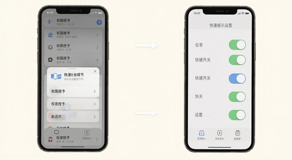 系统快速设置操作教程示意图,手机屏幕显示权限授予界面与快捷开关设置步骤,画面分为左右两部分,左侧为权限列表,右侧为开关按钮,背景为柔和的米白色,突出教程的清晰易懂