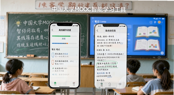 �й���ѧMOOC����ѧϰ���߳���ͼ������չʾ�ֻ������߻����������ʼǽ��沢�Ų��֣�����Ϊ���Һڰ��������Ļ�ںϣ�ɫ�����죬ͻ�����ѧϰ�뻥��������ϸ���������ʺ���������վ��ͼ