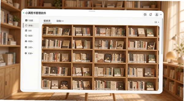 小满图书管理软件主界面全貌展示,画面中央为整齐排列的书架列表,背景区域为柔和的暖色调书房环境,书架上摆放着各类书籍,界面元素清晰可见,整体风格简洁清新,适配手机屏幕展示