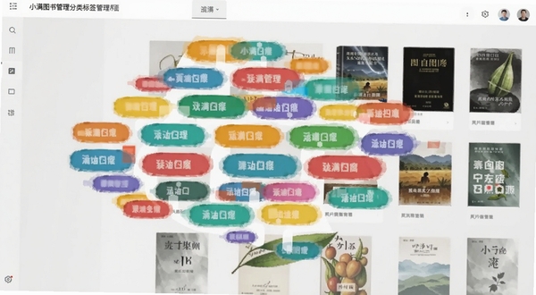 小满图书管理分类标签管理界面,画面展示多个彩色标签云与书籍封面缩略图交错排列,背景为浅灰色极简风格,突出标签的视觉层次感