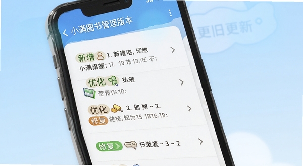小满图书管理版本更新界面截图,画面展示手机屏幕上的更新日志列表,背景为淡蓝色渐变,日志条目清晰排列,包含新增、优化、修复等分类标签
