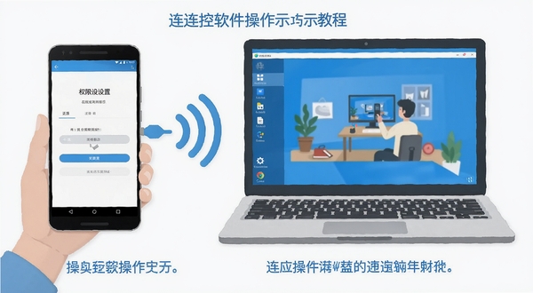 连连控软件操作教程示意图,画面展示一部安卓手机与一台笔记本电脑通过无线网络连接,手机屏幕上显示权限设置界面,电脑屏幕上显示远程桌面画面,整体风格为扁平化插画,配色以蓝白灰为主,突出操作步骤与注意事项。