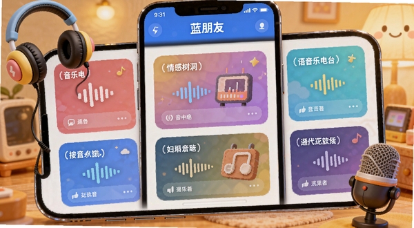 蓝朋友语音语音房间界面,画面展示多个不同主题的语音房间卡片,如情感树洞、音乐电台等,卡片上有动态声波图标,背景为温馨的暖色调,手机屏幕外有卡通风格的耳机和麦克风元素,细节丰富,适配Boogu模型生成