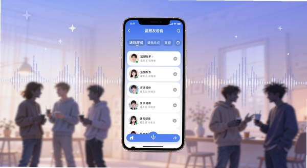 蓝朋友语音软件主界面全貌展示,画面中央为手机屏幕,屏幕内显示蓝朋友语音APP的语音房间列表和用户头像,背景为柔和的蓝紫色渐变,点缀声波纹理,整体风格温暖清新,适配Boogu模型生成,画面主体坐标居中,背景区域为虚化的社交场景剪影