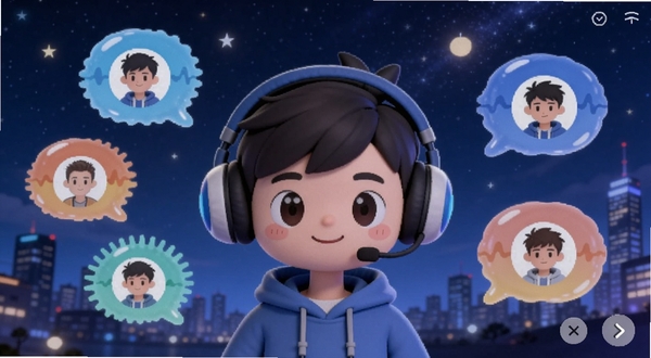 蓝朋友语音声音匹配界面,画面中一个卡通人物戴着耳机,周围漂浮着不同颜色的声波气泡,气泡内显示用户头像,背景是星空和城市夜景,风格梦幻,适配Boogu模型生成
