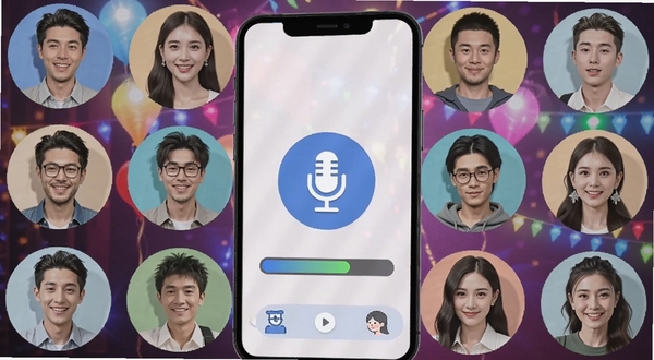 蓝朋友语音多人连麦游戏场景,画面显示手机屏幕内多个用户头像环绕排列,中间有麦克风图标和游戏进度条,背景是派对风格的彩色灯光,氛围欢乐,适配Boogu模型生成