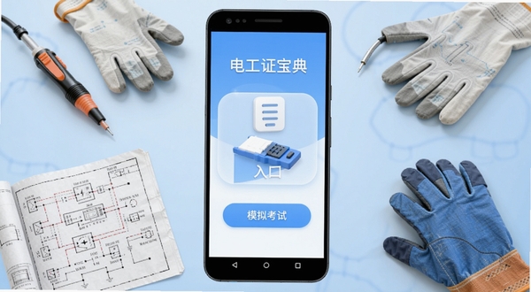 电工证宝典APP主界面安卓手机正中央展示题库练习入口与模拟考试按钮,背景为淡蓝色渐变工作台场景,周围环绕电笔、绝缘手套、电路图等电工元素,整体风格简洁专业,适配Boogu模型生成