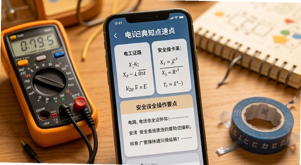 电工证宝典知识点速记卡片展示界面,手机屏幕显示电路公式与安全操作要点卡片,背景为书桌场景,旁边放有万用表和绝缘胶带,整体色调温暖,突出学习氛围