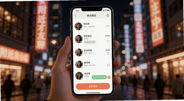 附近陌友聊 软件主界面展示,画面中央是手机屏幕,显示附近用户列表和聊天入口,背景是城市夜景,霓虹闪烁,整体风格现代温馨,突出社交氛围