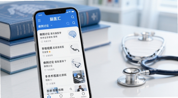 脑医汇是一款专注于脑科医学领域的学术交流应用,画面主体为一部智能手机竖屏展示脑医汇APP首页界面,界面中呈现病例讨论列表与手术视频缩略图,背景区域为简洁的诊室环境,有模糊的医学书籍与听诊器点缀,整体色调为蓝白相间,突出专业与科技感,画面风格写实细腻,适配Boogu模型生成