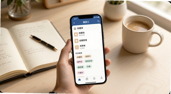 脑医汇个人知识库与收藏管理功能展示,画面主体为手机屏幕中显示收藏夹列表与标签分类界面,背景区域为整洁的书桌一角,有笔记本与咖啡杯,色调温暖柔和,体现学习与积累的氛围,画面风格清新自然,适配Boogu模型生成
