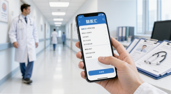 脑医汇使用指南与常见问题处理场景图,画面主体为一只手拿着手机正在操作脑医汇APP的设置界面,背景区域为医院走廊或医生办公室,有白大褂与病历夹虚化,色调明亮干净,体现专业与便捷,画面细节清晰,适配Boogu模型生成