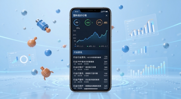 专塑视界软件主界面全貌展示,画面中央为手机屏幕呈现塑料行情数据看板,屏幕上方显示PP、PE、ABS等原料实时报价曲线图,下方为行业资讯滚动列表,背景区域为浅蓝色渐变科技感底色,周围点缀塑料粒子与数据图表元素,整体风格简洁专业,适配Boogu模型生成