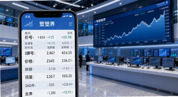 专塑视界实时行情报价功能界面,手机屏幕展示塑料原料价格列表,包含牌号、价格、涨跌幅等数据,背景为现代化交易大厅场景,大屏显示价格走势曲线,色调以蓝色和白色为主,体现专业金融数据风格