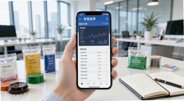 专塑视界手机端操作界面展示,画面中一只手拿着手机,屏幕显示塑料行情数据与供需信息列表,背景为现代化办公室环境,桌面有塑料原料样品与笔记本,整体色调明亮清新