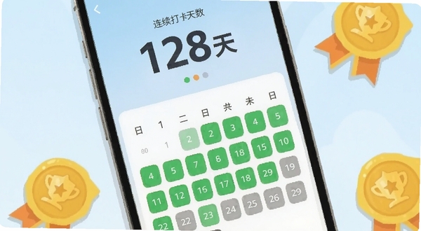 正气应用打卡界面特写,手机竖屏显示连续打卡天数“128天”的大号数字,下方是日历热力图,绿色方块代表成功打卡,灰色代表未记录。背景为柔和的浅蓝色渐变,手机旁边散落着几枚金色成就徽章。画面采用扁平化插画风格,色彩明快,突出成就感与秩序感,适配Boogu模型生成。