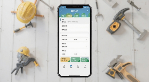 算料宝手机应用主界面展示图,画面中心位置为手机屏幕内显示算料宝的材料计算输入面板,背景为浅灰色工地与装修工具虚化场景,画面简洁明亮,突出软件功能全貌