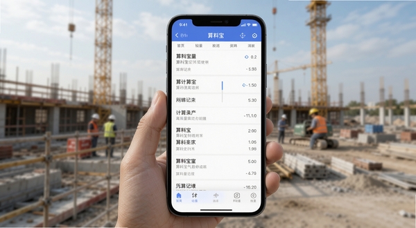 算料宝离线使用与历史记录界面截图,画面主体为手机屏幕显示历史计算记录列表,背景为户外工地环境虚化,突出算料宝轻量便携的特点