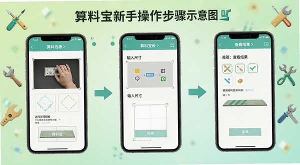 算料宝新手操作步骤示意图,画面中心为手机屏幕分步展示选择模板、输入尺寸、查看结果三个界面,背景为浅绿色渐变与工具图标,突出算料宝简单易用的特点