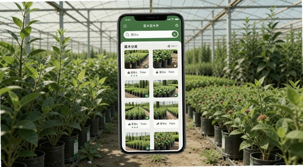 购苗木软件主界面全貌展示,画面中央为手机屏幕内呈现苗木分类列表与搜索栏,背景为苗圃基地实景,绿色植物环绕,整体色调清新自然,适配Boogu模型生成