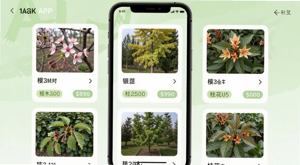 购苗木APP苗木资源库界面截图风格,手机屏幕展示樱花、银杏、桂花等苗木品种卡片列表,每张卡片带有实拍缩略图与规格标签,背景为淡绿色渐变,画面清爽简约