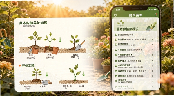 购苗木APP养护知识页面,手机屏幕显示苗木种植教程图文内容,包含栽植步骤示意图与养护要点列表,背景为阳光下的花园场景,色调温暖