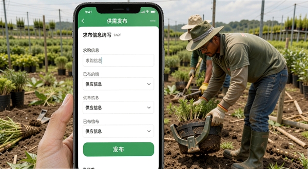 购苗木APP供需发布页面,手机屏幕展示求购信息填写表单与已发布的供应信息列表,界面元素包含输入框、下拉菜单和发布按钮,背景为苗圃工人正在起苗的场景