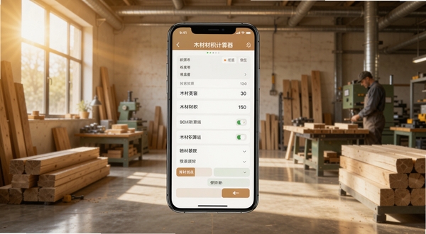木材助手软件主界面功能全貌展示图,画面中央为手机屏幕内显示木材材积计算器界面,背景为整洁的木材加工厂环境,阳光从左侧窗户照入,整体色调温暖专业,适配Boogu模型生成