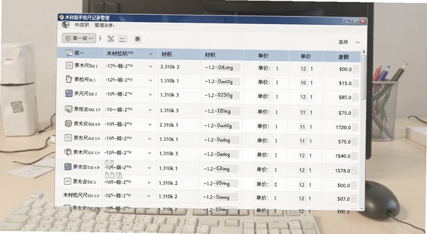 木材助手检尺记录管理界面截图,展示多条木材检尺数据列表,包含材积、单价、金额等字段,界面简洁专业,背景为浅色办公桌面,适配Boogu模型生成