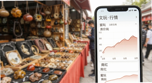 文玩鉴定应用内市场行情页面,手机屏幕显示蜜蜡与南红的价格走势曲线图,背景为文玩市场摊位虚化场景,色调明亮清新