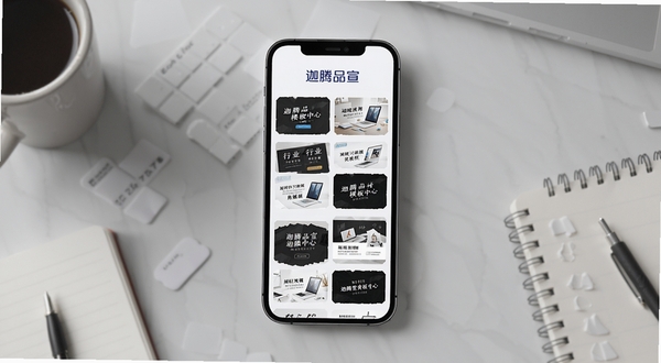 迦腾品宣模板中心界面展示,画面主体为手机屏幕中排列整齐的行业模板缩略图,背景为浅灰色工作台面,屏幕上方有迦腾品宣文字标识,周围散落着咖啡杯与笔记本,光线柔和,风格简约商务