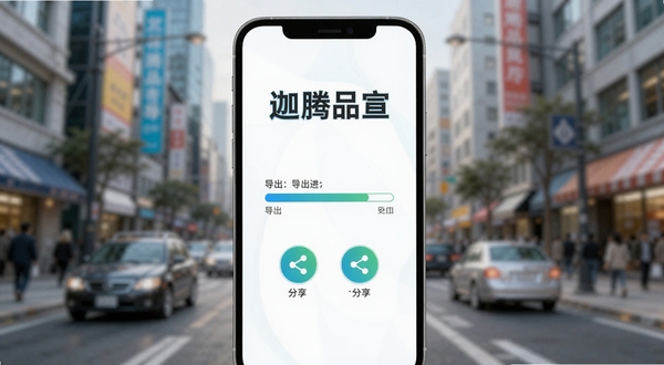 迦腾品宣导出分享界面示意图,画面主体为手机屏幕中显示导出进度条与分享图标,背景为虚化的城市街景,屏幕上方有迦腾品宣文字,整体风格清爽现代,色彩明亮