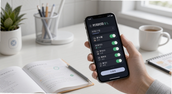 家长糖 远程时段管理功能展示图,画面中一只手拿着手机正在设置时间计划表,手机屏幕显示清晰的时段开关界面,背景为书桌与学习用品,风格简洁现代