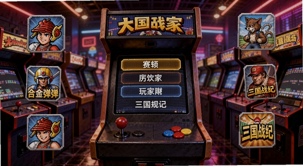 街机大玩家游戏大厅界面展示,画面中央是经典街机框体造型的导航栏,四周环绕拳皇、合金弹头、三国战纪等游戏图标,背景为复古霓虹灯风格的街机厅场景,暖色调灯光,像素风与写实融合,整体构图饱满,适合作为软件主视觉