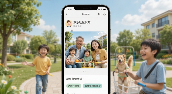 欢乐社区 动态发布页面 手机屏幕 图片编辑与话题标签选择 清新明快风格