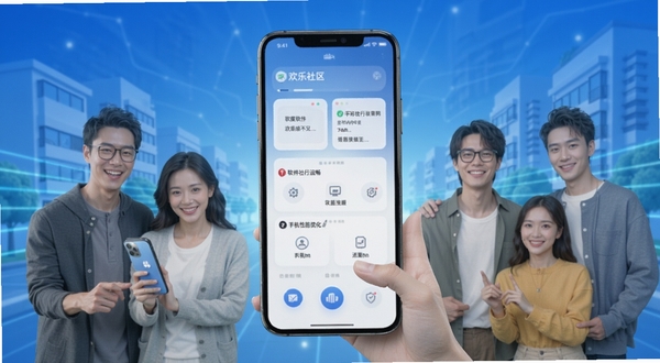 欢乐社区 软件运行流畅 手机性能优化示意 简洁科技感 蓝色调背景