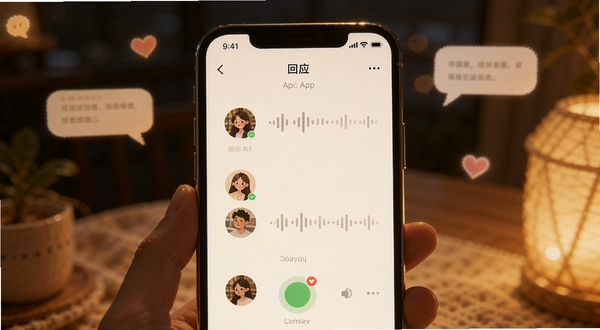 一个温暖的夜晚场景,画面中央是一部智能手机,屏幕上显示着“回应”App的语音聊天界面,有多个用户头像和声波图标,背景是柔和的暖黄色调,周围环绕着对话气泡和爱心符号,整体风格温馨治愈,适合社交软件宣传图