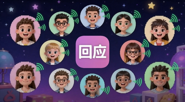 一个热闹的线上语音派对场景,画面中有多个卡通人物头像围成一圈,每个头像旁边有绿色声波动画,中间显示“回应”App的Logo,背景是星空和彩色灯光,风格活泼现代,突出多人语音社交的欢乐氛围