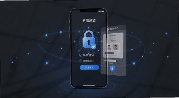 易借速贷隐私安全防护示意图,手机屏幕显示加密锁图标与用户信息脱敏界面,背景为深灰色调,点缀蓝色光点,突出安全与科技氛围