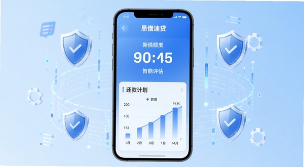 易借速贷智能评估界面展示,手机屏幕中央显示额度数字与还款计划图表,背景为浅蓝色渐变,周围环绕盾牌与数据流元素,整体风格简洁科技感